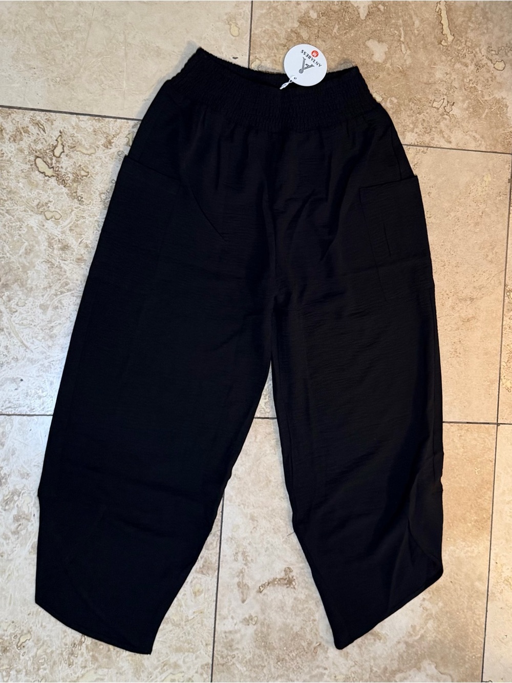 Black Smocked Waist Wide Crop Pants